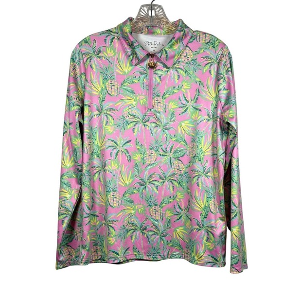 STELLA PARKER Sport, Pink Pine Green Palm Sleeve Mock Golf Shirt, Size M - Picture 3 of 8